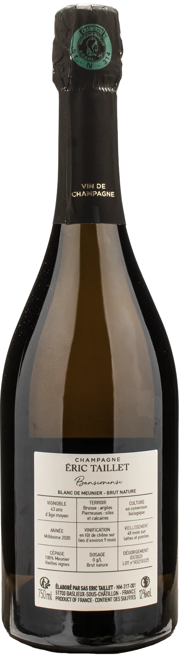 Eric Taillet Champagne Bansionensi Brut Nature Blanc de Meunier 2020