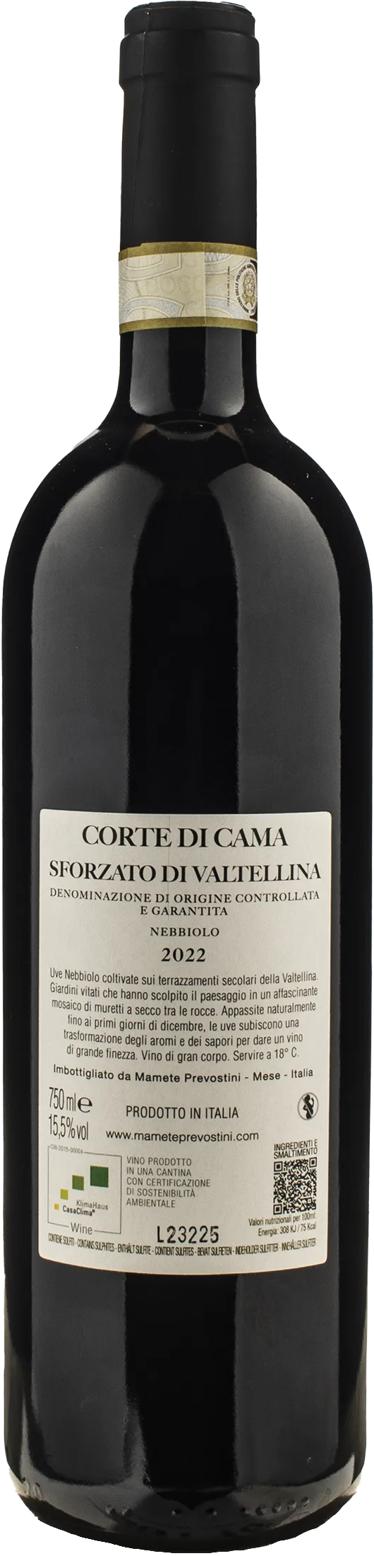 Mamete Prevostini Sforzato di Valtellina Nebbiolo Corte di Cama 2022