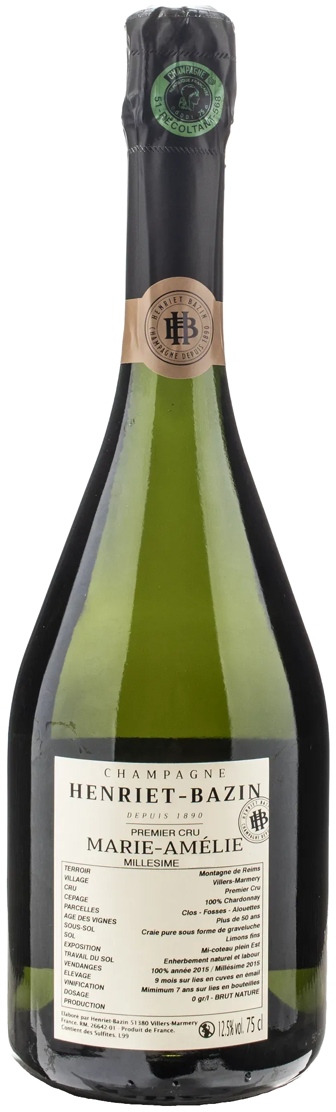 Henriet Bazin Champagne 1er Cru Blanc de Blancs Marie Amelie Brut Nature 2015