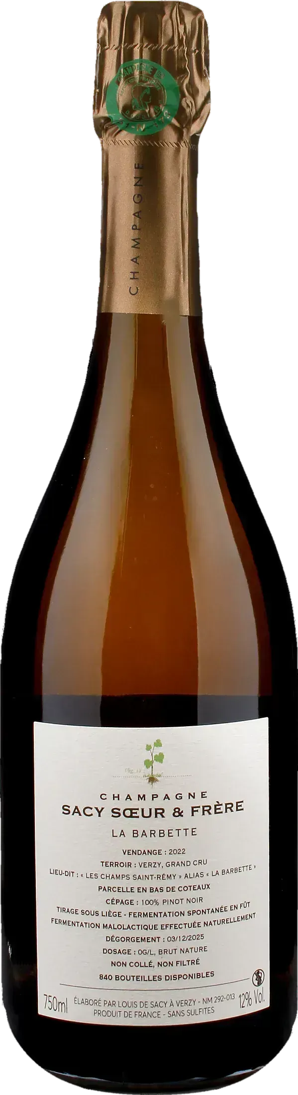 Sacy Soeur et Frere Champagne La Barbette Grand Cru Blanc de Noirs Brut Nature 2022